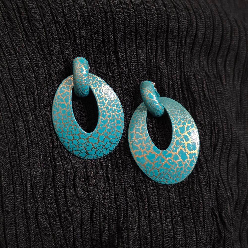 Vintage Turquoise Blue Gold Crackle Door Knocker Earrings 80s Statement